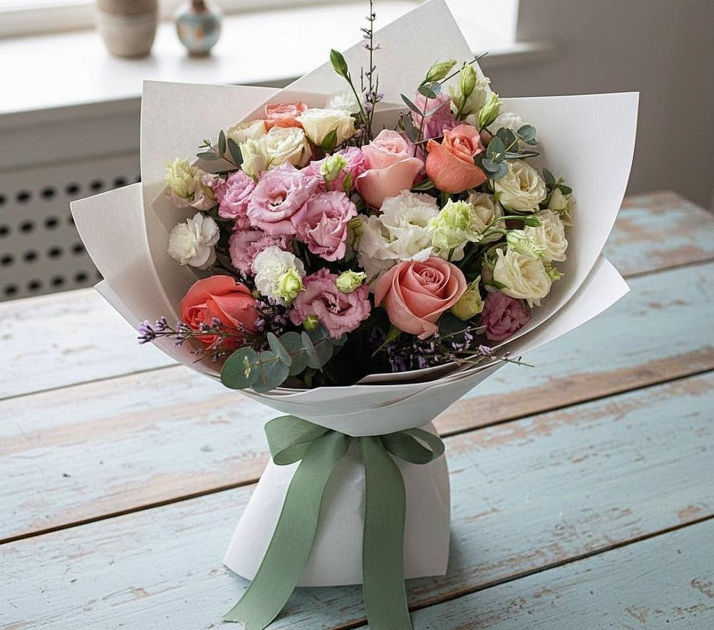 Букет цветов из: Розы, Лизиантусы и Гвоздики в Красноборске