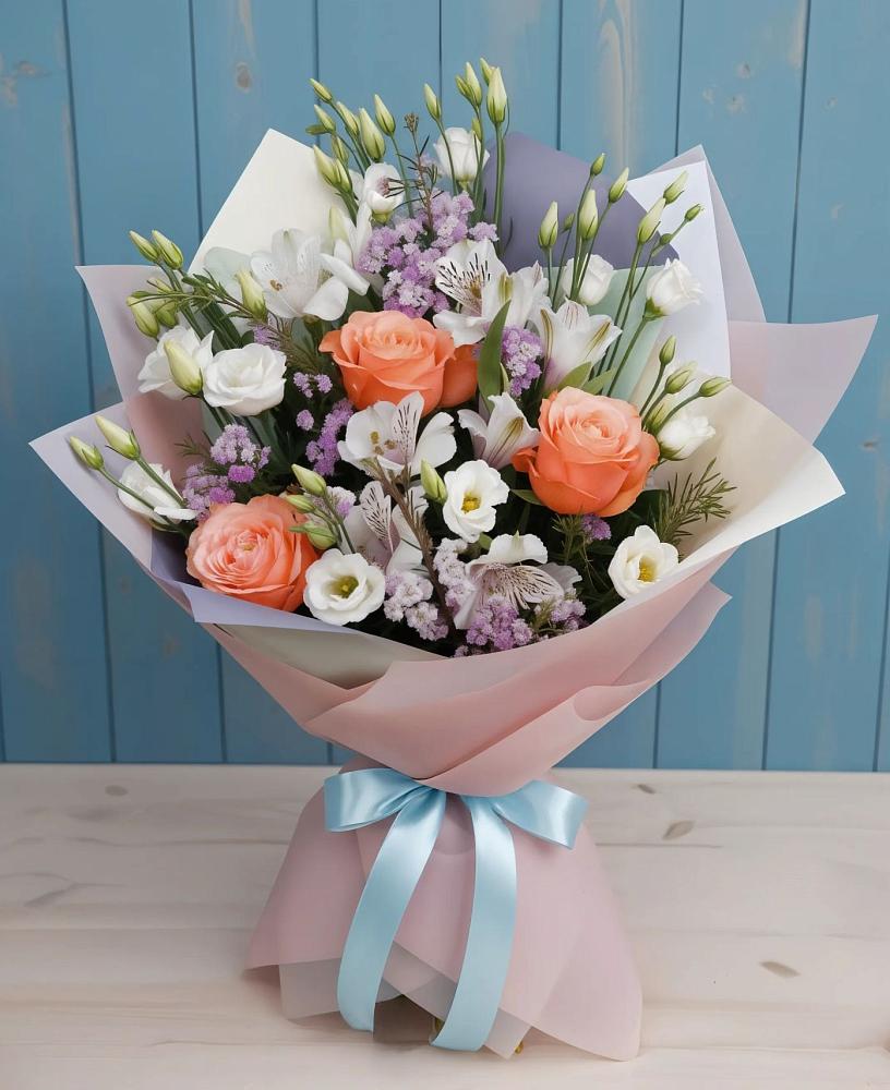 Букет цветов из: Лизиантусы, Розы, Альстромерии и Гипсофила в Красноборске